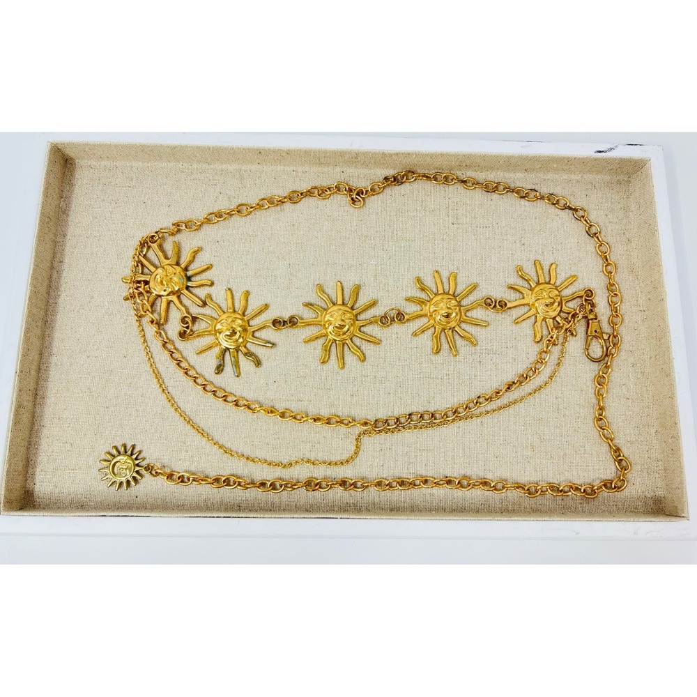 Vintage Gold Tone Celestial Sun Face Multi Strand Draped Chain Belt Adjustable